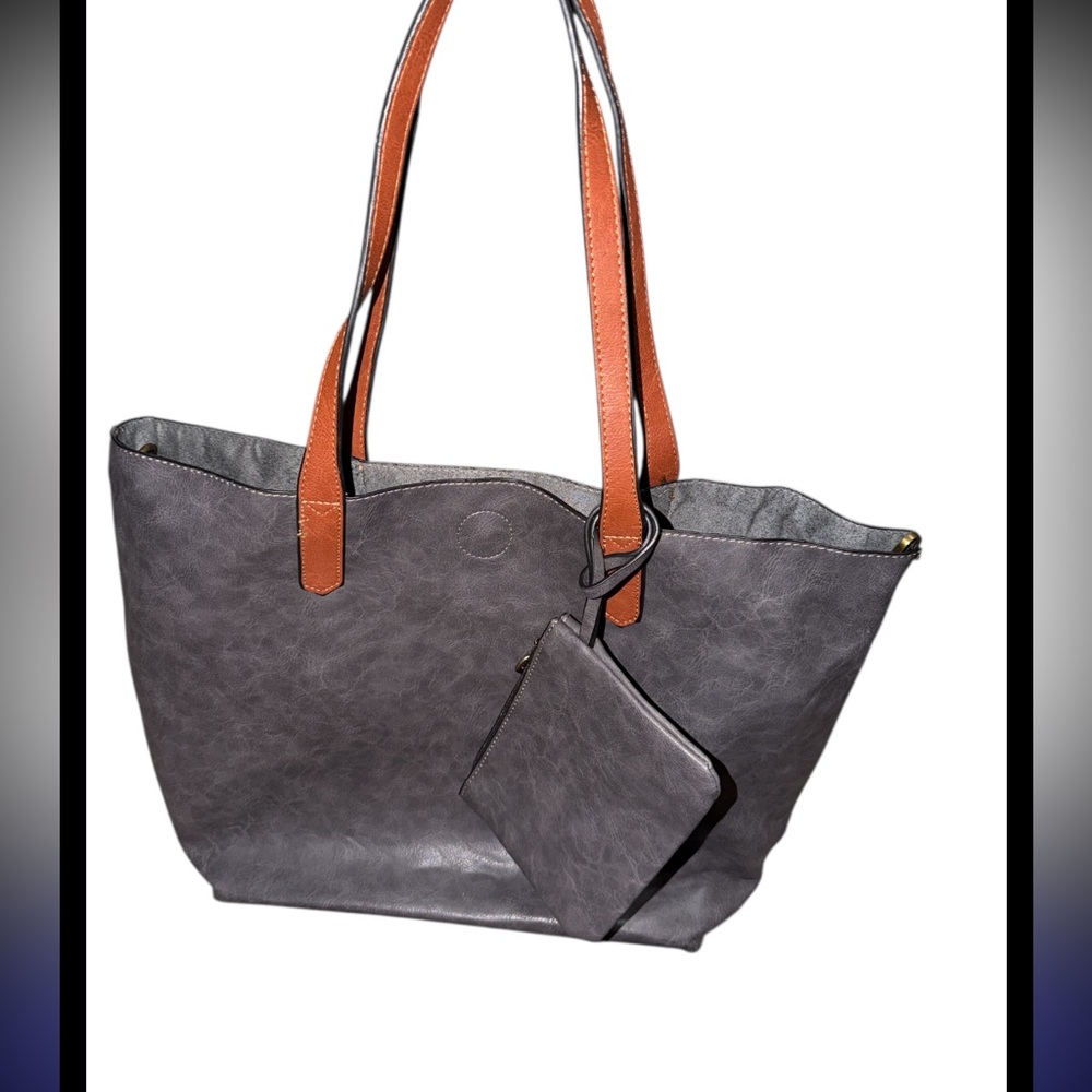 Gray‎ Faux leather Tote Bag with Tan Handles
